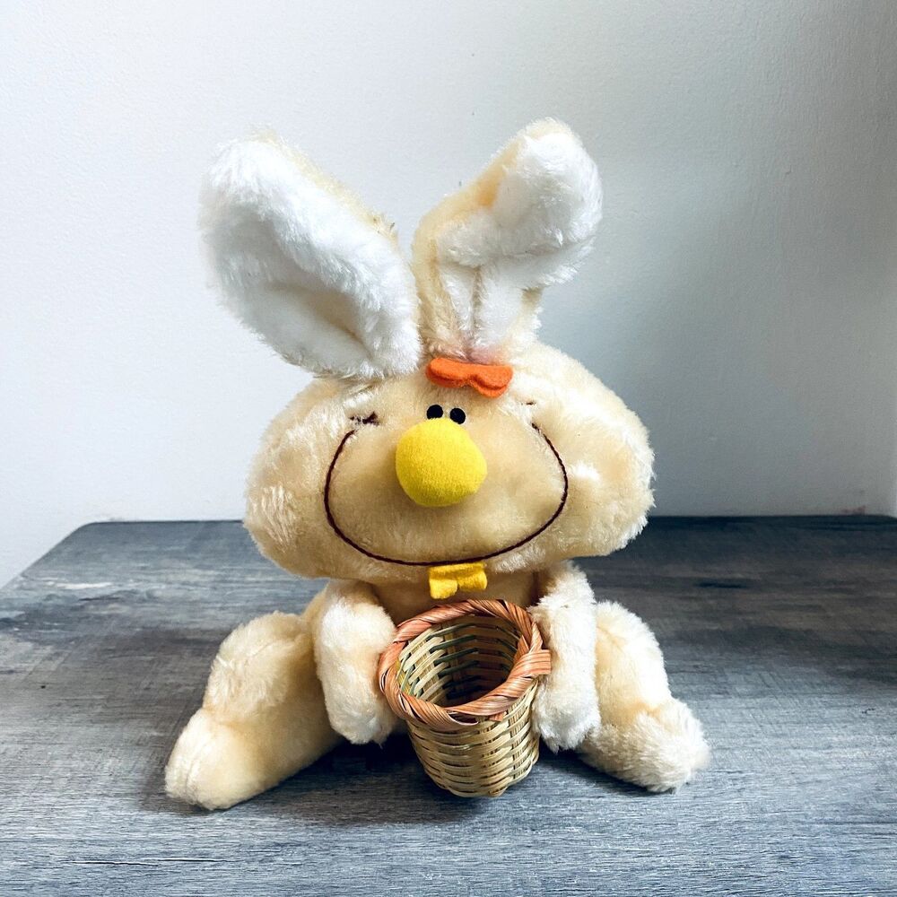 Amscan Smiling Easter Bunny Plush W/Red Bow & Buck Teeth Holding Wicker Basket.